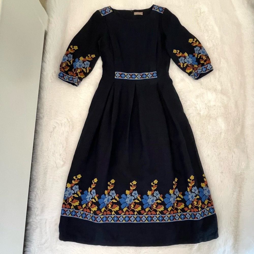 Linen Gallery Navy Blue Embroidered Midi Prairie Dress - Picture 15 of 16